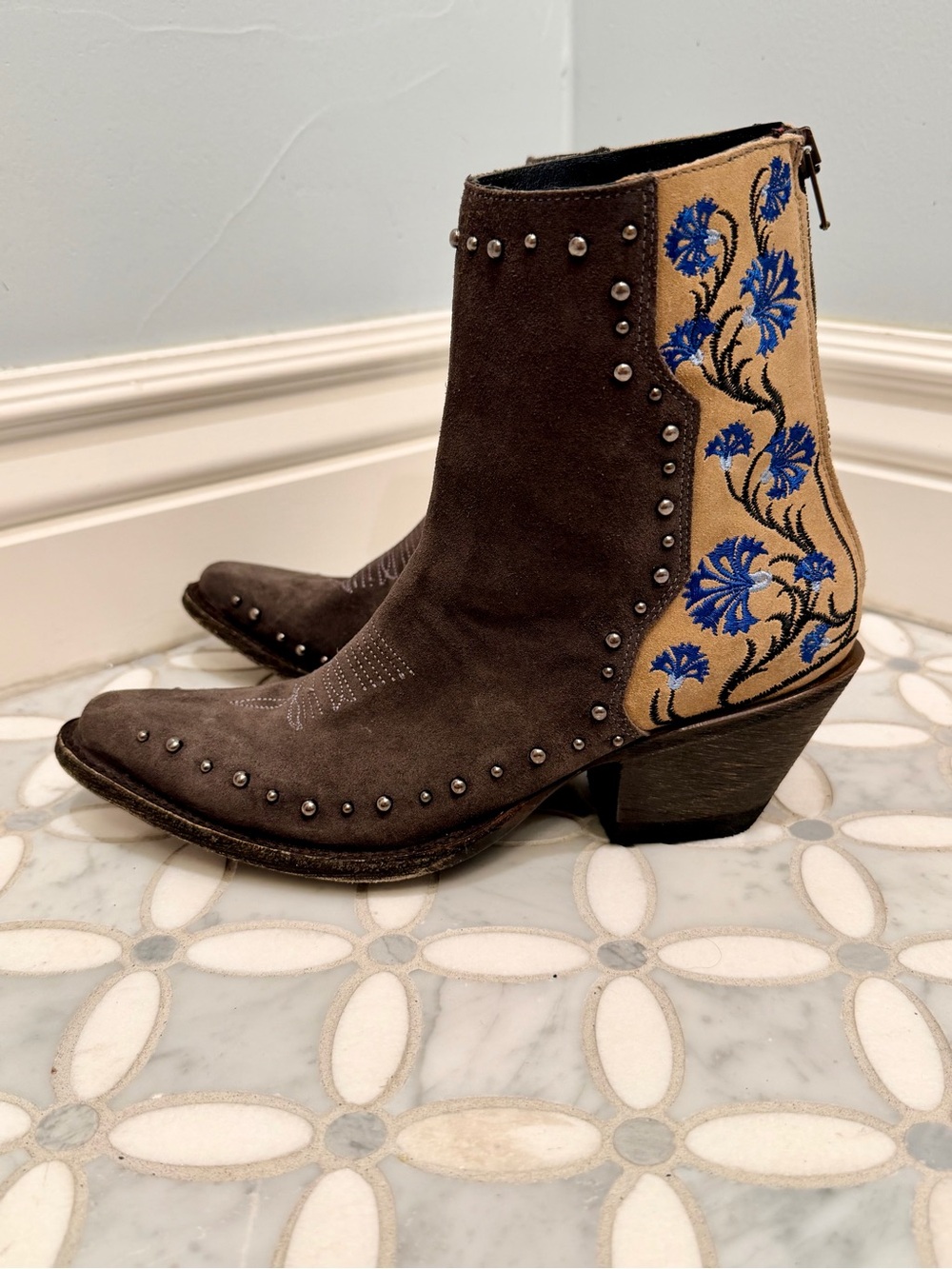 Old Gringo Yippee Ki Yay Floral Embroidered Studded Suede Ankle Western Boots 7